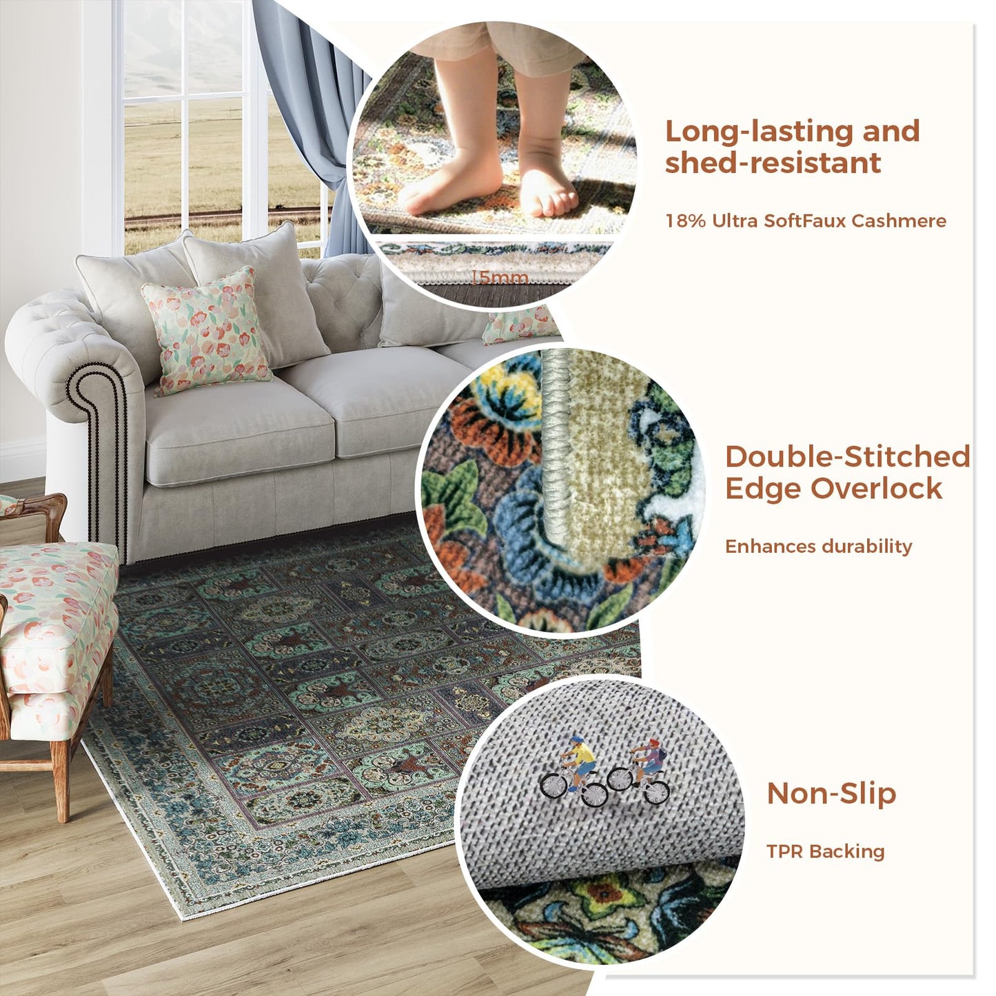 Kitogna 5x8 Area Rugs for Living Room, Foldable Soft Rugs for Under Table & Bedroom, Anti-Slip with Low Pile for Dining Room Easy to Store