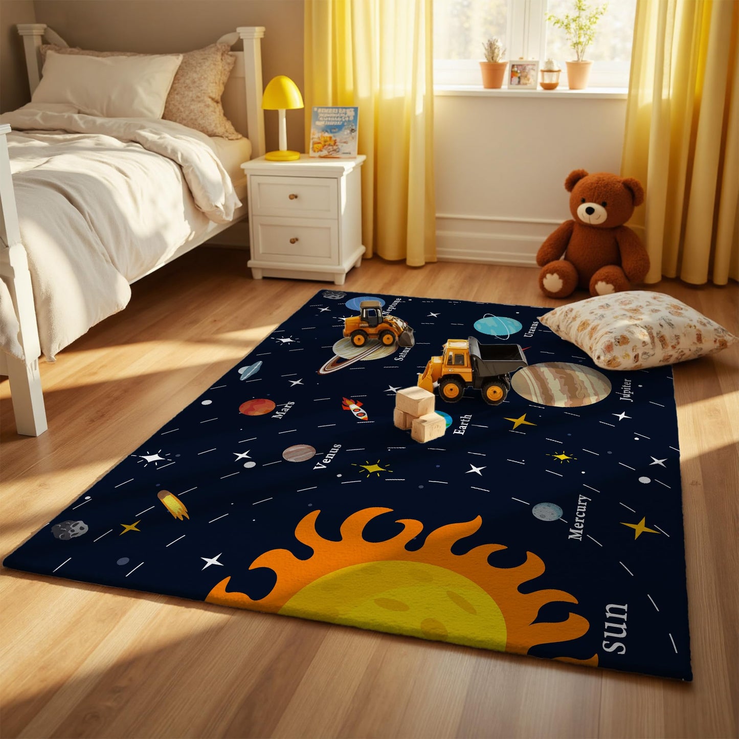Nayoroom Solar Planets Play Rug - 5x7ft Kids Carpet with Solar Planets Words Design, Non-Slip Faux Wool Educational Rug for Kids, Bedroom Playroom Gift.