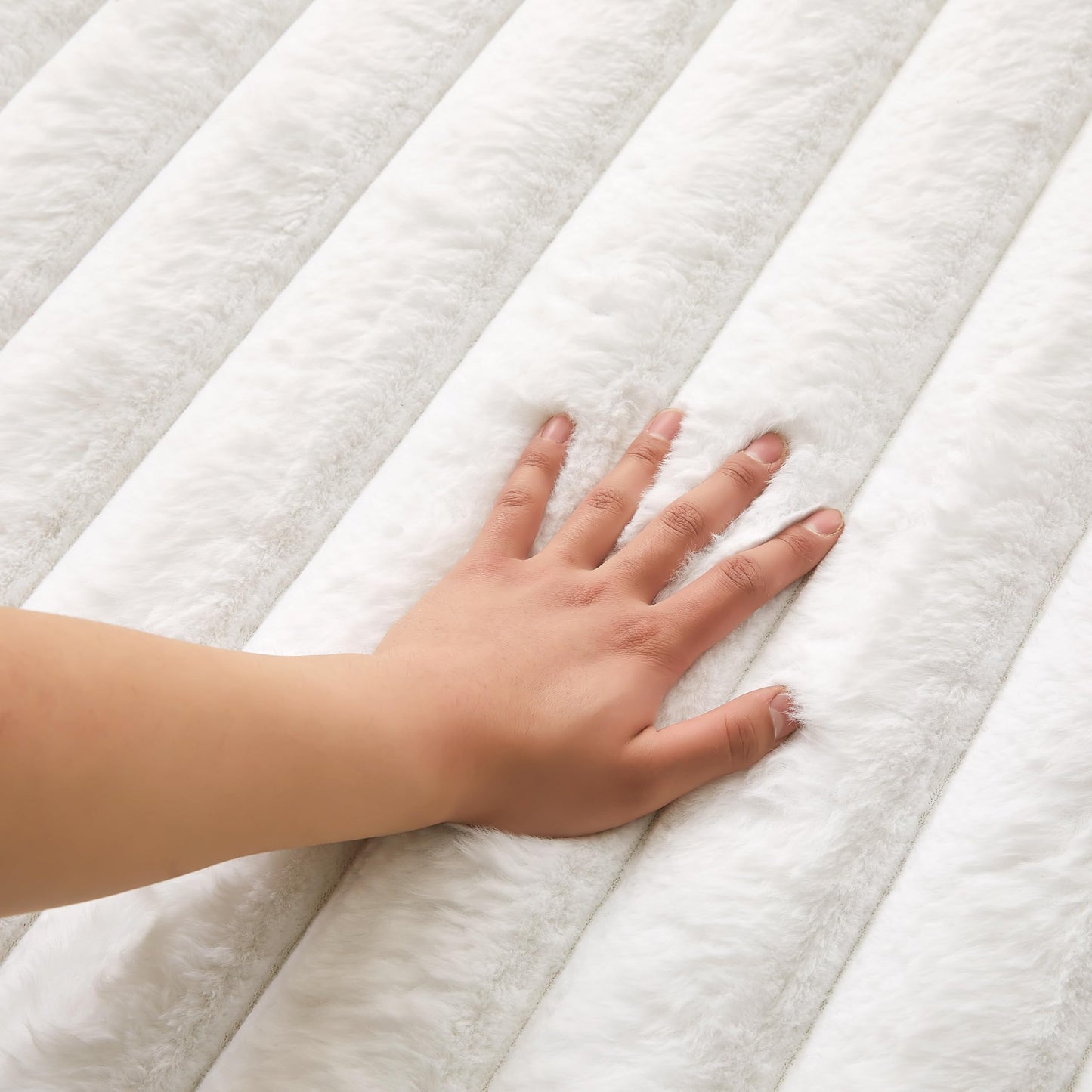 White Rabbit Striped Plush Rug 8'x10', Fluffy Shaggy Area Rug for Nursery & Kids Room, Faux Fur Carpet for Girls Bedroom, Living Room, Teen Decor
