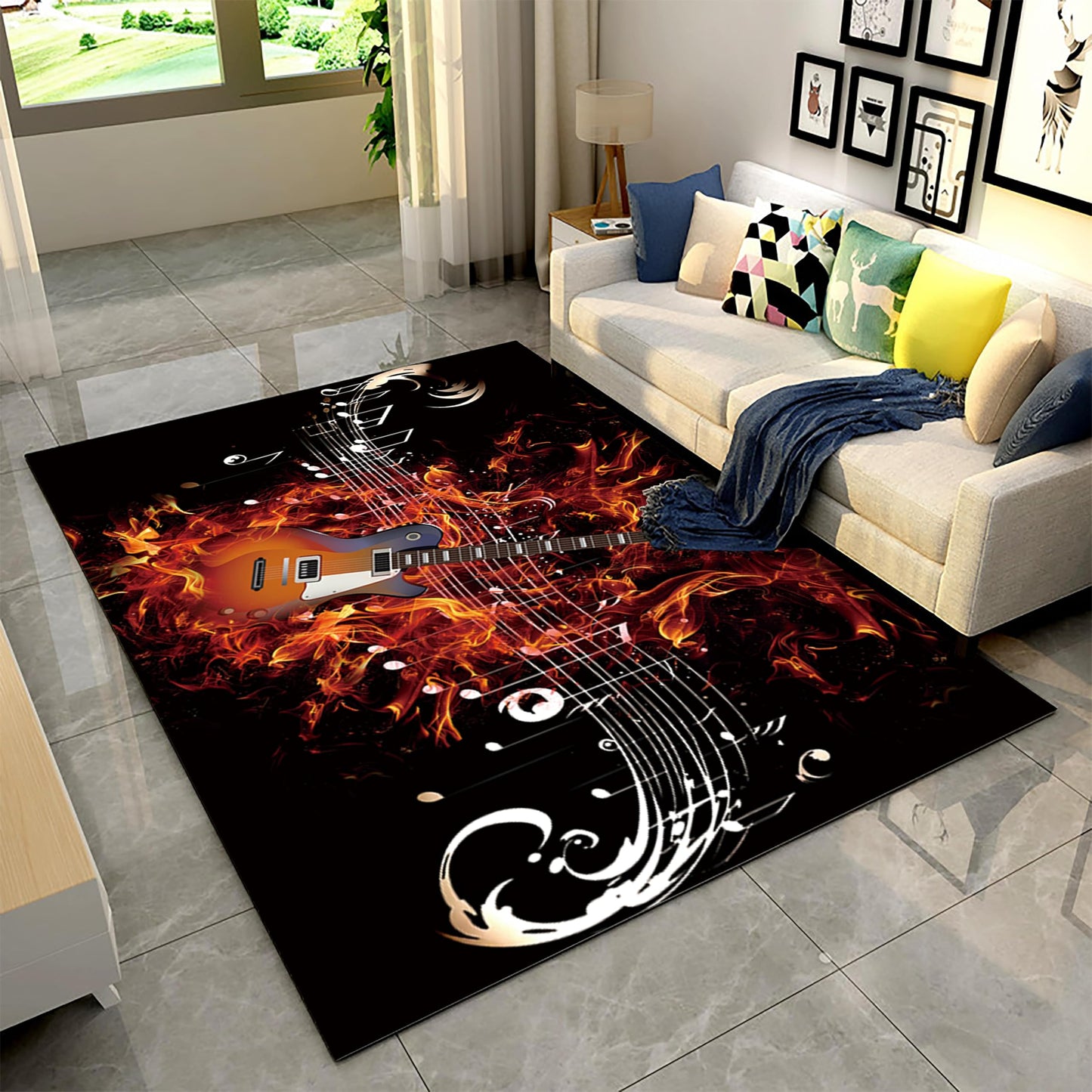 Gold Burning Guitar Area Rug, 5x7ft, Musical Note Flame Guitar Rugs for Indoor, Low Pile Soft Non-Shedding Carpet, Washable Easy Clean Breathable Playing Mat for Dining Table Bedroom