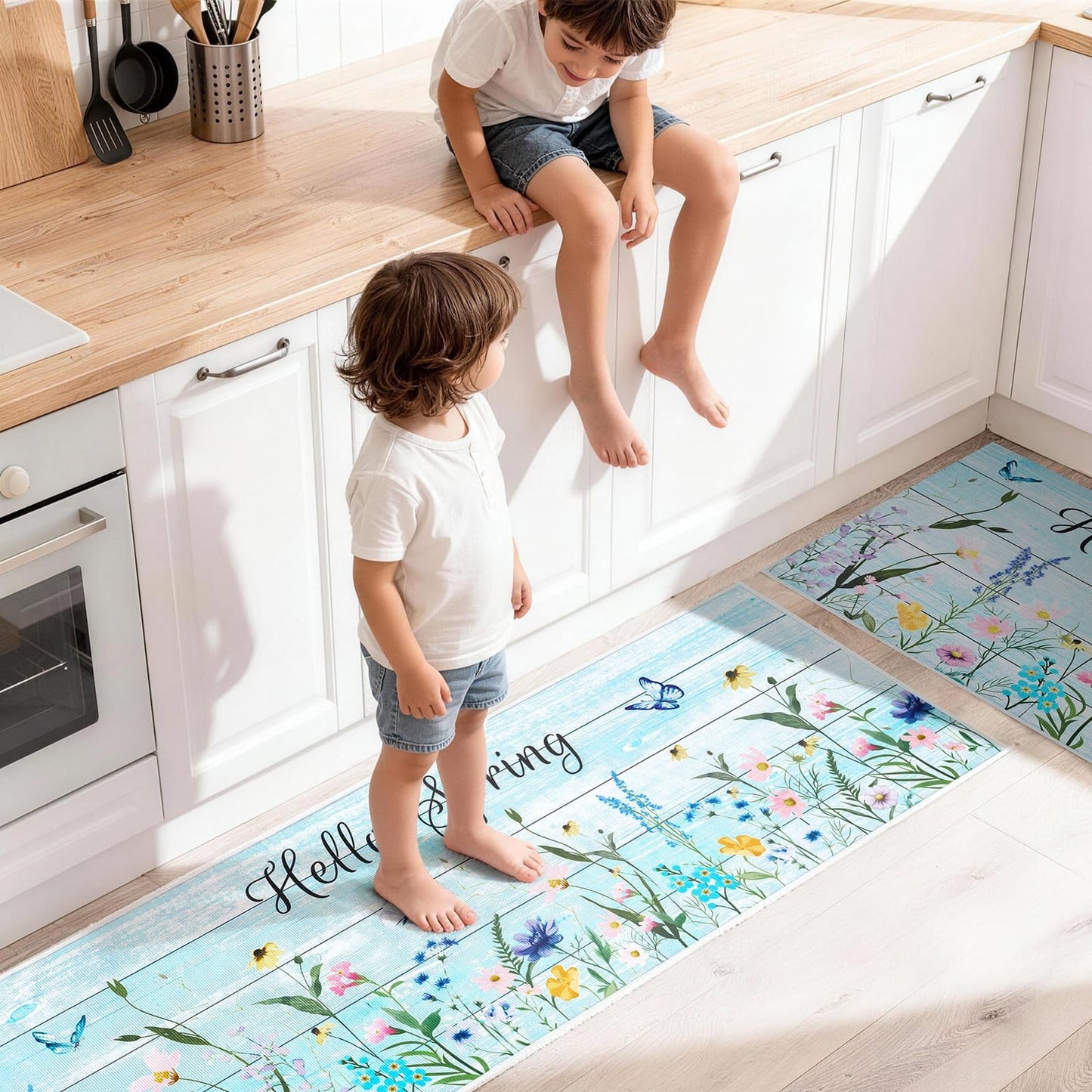WERNNSAI Hello Spring Kitchen Decor Rugs Set- 2 Piece Kitchen Mats Non-Slip Kitchen Backing Area Rugs Sweet Home Doormat Washable Waterproof Standing Mat for Indoor Outdoor Entry Floor