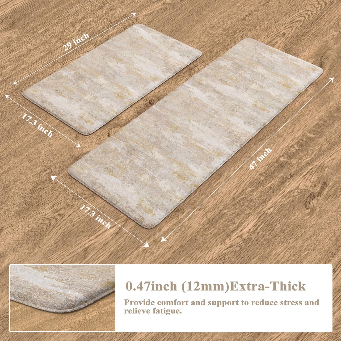Collive Kitchen Mats Cushioned Anti Fatigue, Abstract Kitchens Floor Mat Non Slip Desk Rugs Waterproof, Beige Memory Foam Comfort Standing Rug for Sink, Home Decor, 17"x59"+17"x29"