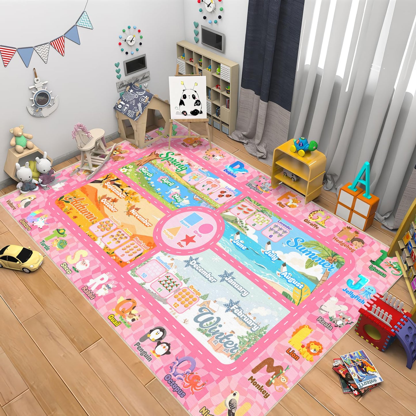Auetwyona Kids Playroom Rug 4' x 6'- Educational Alphabet ABC Mat with Animals,Seasons & Numbers | Pink Classroom Rug & Playroom Essential Fun Play Mat Washable Kids Area Rug for Girls Bedroom