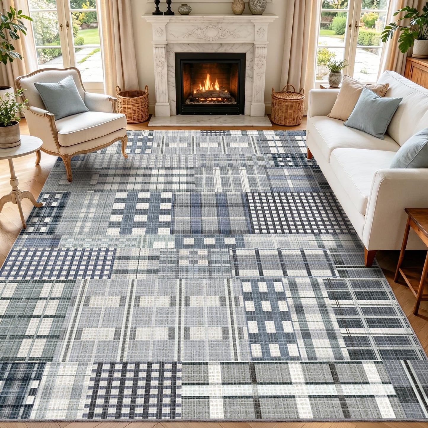 Rezutan Modern Geometric Plaid Distress Indoor Area Rug for Living Room, Blue Gray 5X 7 FT Large Rug Hardwood Floors Decor for Bedroom, Checkered Throw Carpet for Office Entryway Dining Room