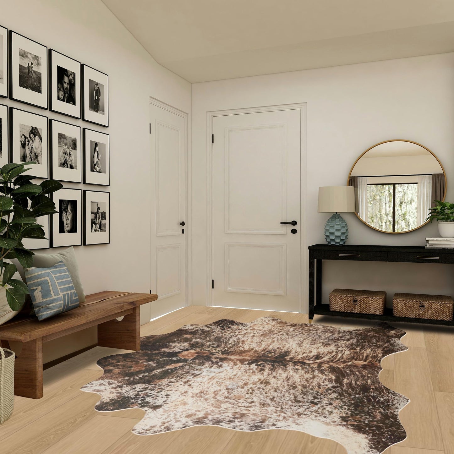 Guyekobe Brown Faux Cowhide Rug 4.6x5.2ft Washable Cowhide Rug No-Slip Animal Print Western Decor for Living Room Bedroom Kitchen Bathroom-No Fur
