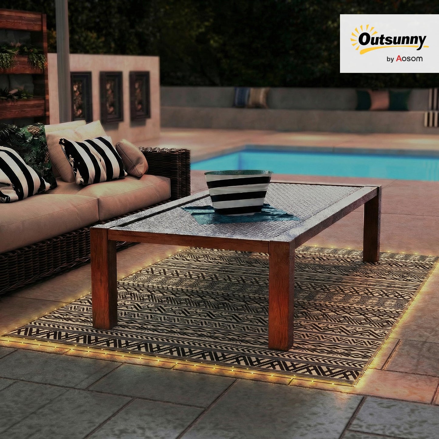 Outsunny Reversible Outdoor Rug Carpet with USB Lights, 12' x 9', Plastic Straw Rug, Patio Mat, Portable RV Camping Mat with Carry Bag