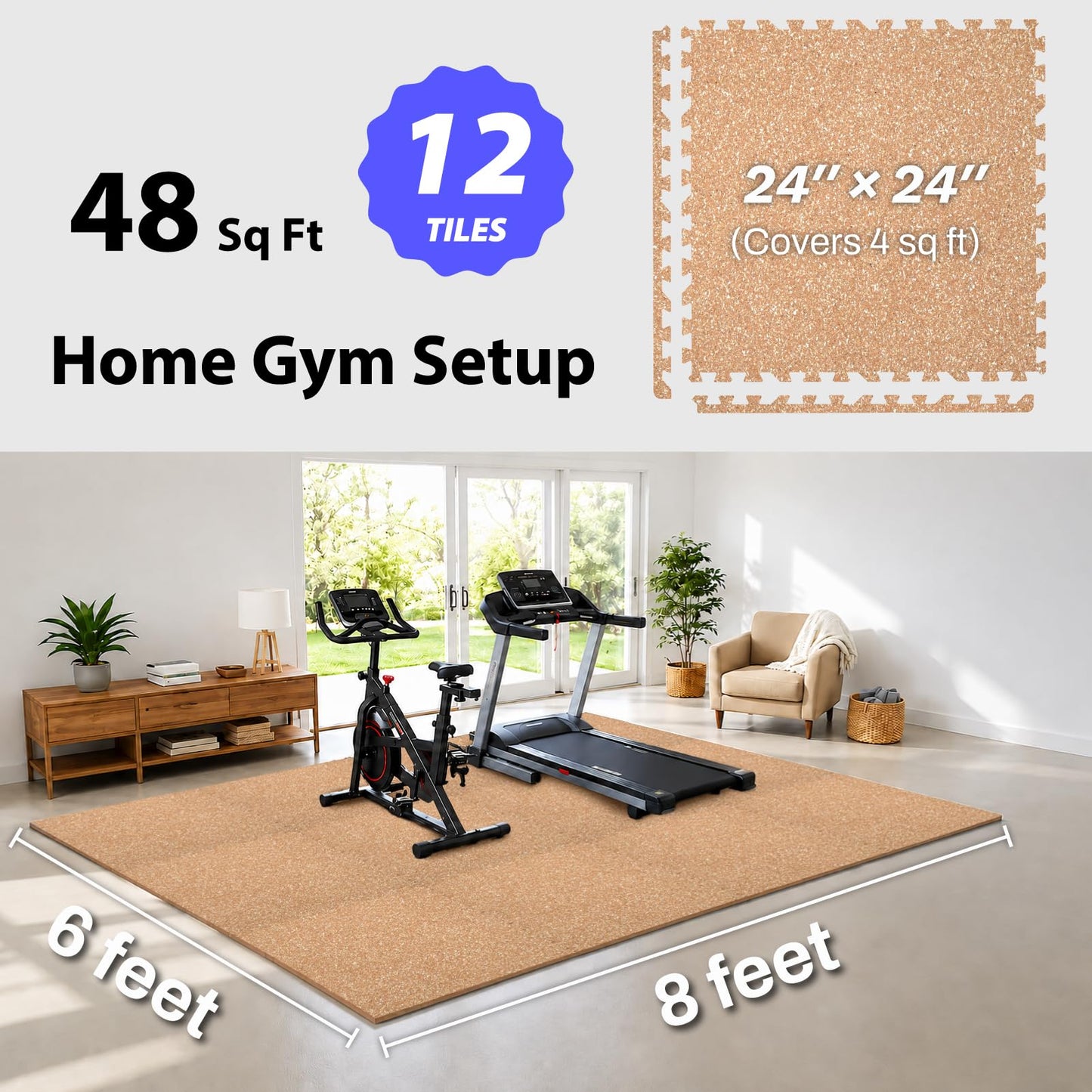 AIRHOP 1'' Ultra-Thick 48 Sq Ft Rubber Top Gym Flooring for Home Gym, 12 Tiles High Density EVA Foam Exercise Mats, Interlocking Puzzle Mats for Home Workout, Floor & Equipment Protection, Wood Grain