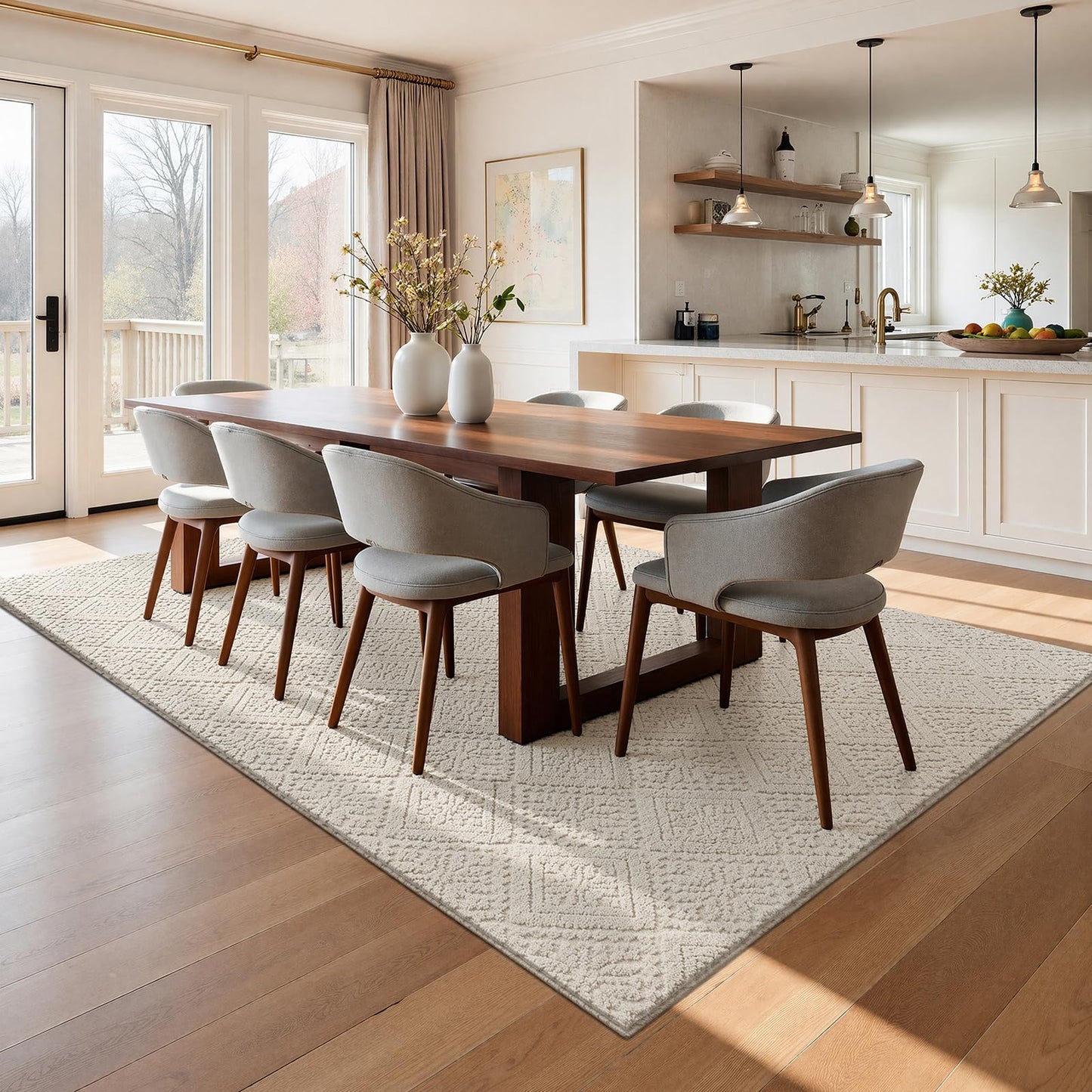 U'Artlines 5x7 Beige Washable Area Rug for Living Room, Soft Fluffy High Low Textured Carpet, Modern Neutral Geometric Non Slip Rugs for Bedroom Dining Room Kids Room
