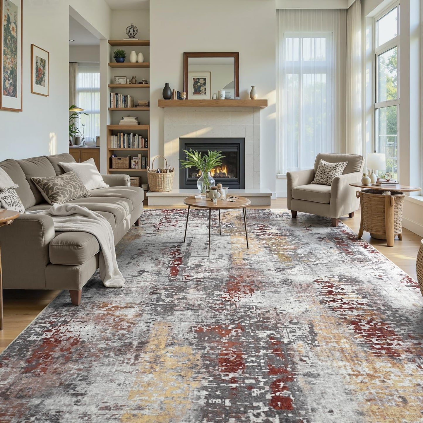 Living Room Rug 7x10 Beige Area Rugs Machine Washable Abstract Boho Large Rug Non-Slip Non-Shedding Faux Wool Indoor Vintage Carpet for Bedroom, Classroom, Dining Room, Kids Playroom