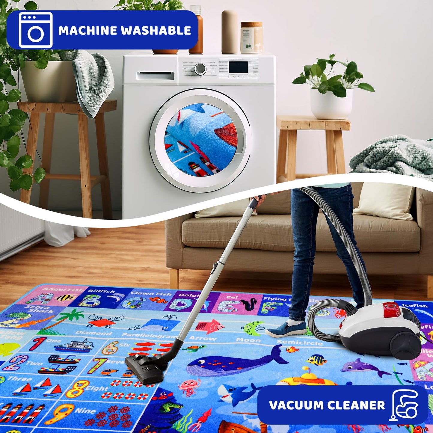 Mfmiudole Ocean Educational Kids Learning Rug with ABC Alphabet, Sea Animals, Numbers & Shapes, Interactive Preschool Play Carpet for Classroom Nursery Homeschool, Non-Slip Rug, 5' x 3'3"