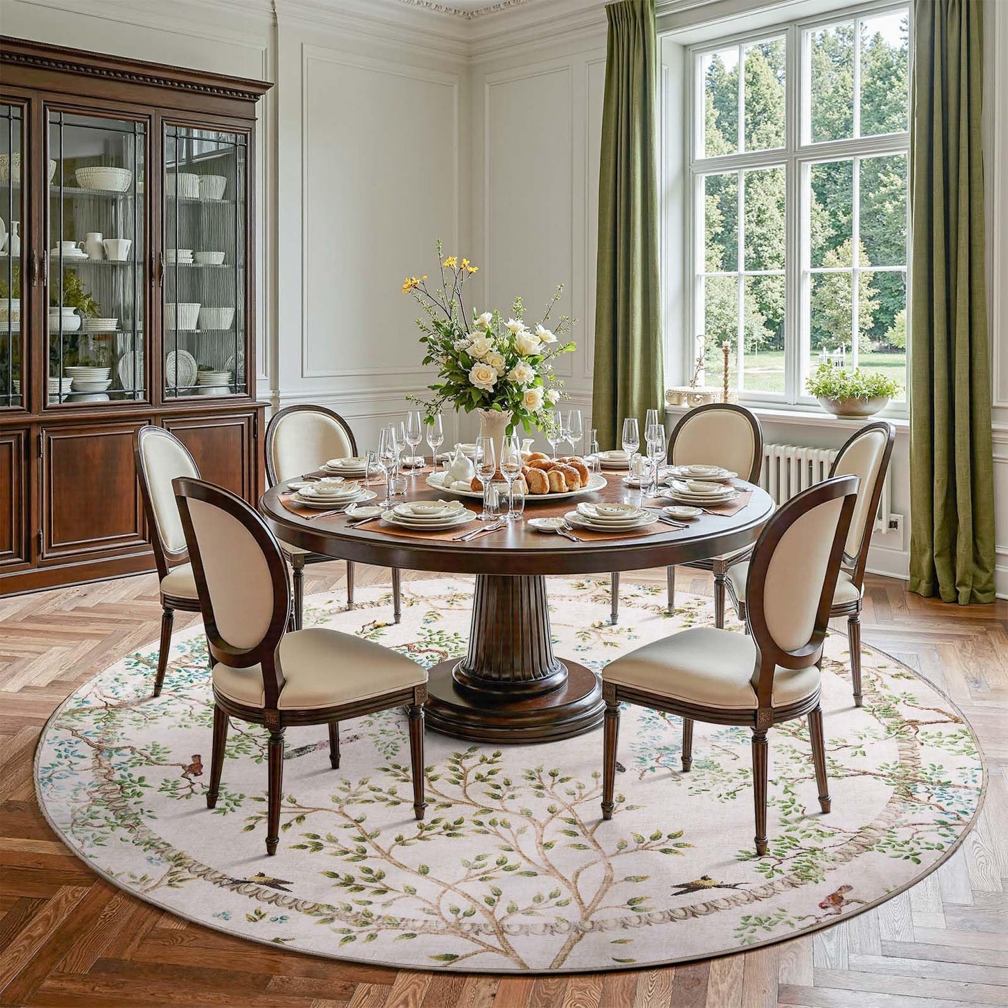 jinchan Yarden Round Rug 8ft, Vintage Distressed Botanical Birds Print Rug, Machine Washable Ultra Thin Low Pile Non Slip Area Rug, Ivory Circle Rug for Living Room Bedroom