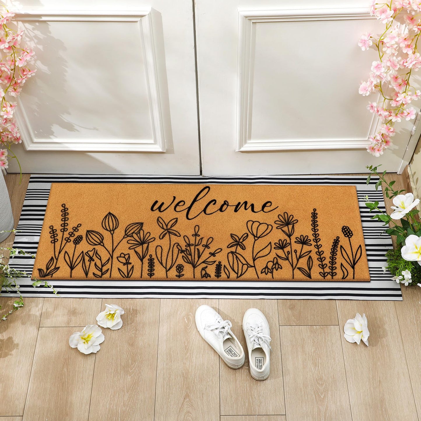 Tinideya 2 Pcs Summer Door Mat 17"x47" Wildflowers Welcome Non Slip Spring Coir Mats Black White Plaid Large Floor Layering Flowers Doormats for Front Porch Entryway Decor
