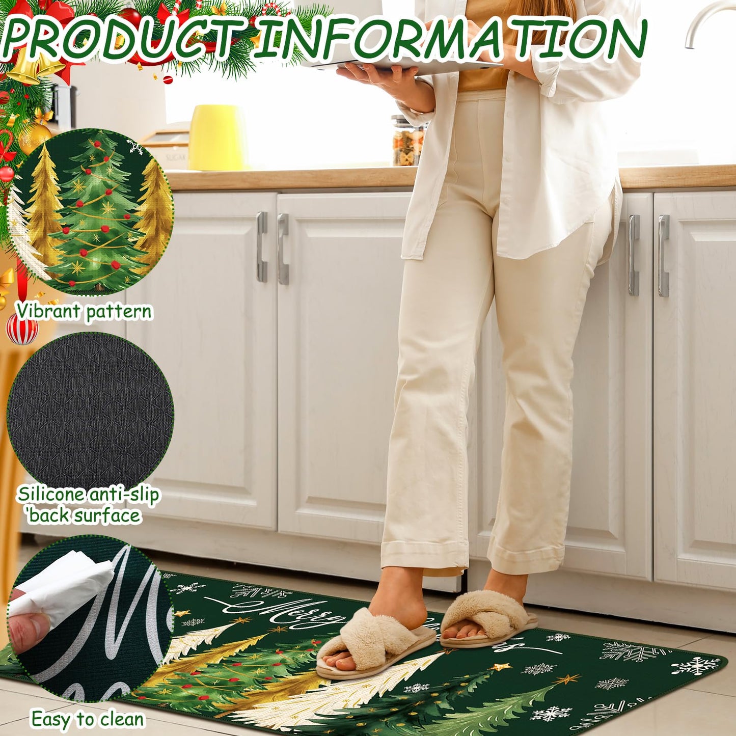 Drydiet 3 Pcs Green Christmas Kitchen Rug and Mat Set Xmas Tree Snowflakes Kitchen Floor Mat Waterproof Non Slip Farmhouse Merry Christmas Doormat Holiday Xmas Decor for Home Office Bathroom Decor