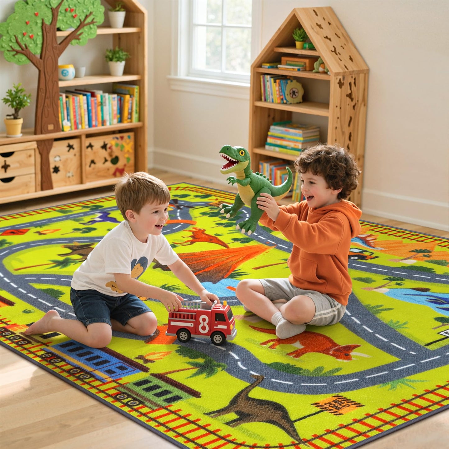 LIVEBOX Kids Dinosaur Car Rug Play Mat, Washable Playroom Rug with Roads for Toy Cars, Non Slip Safari Dino Park Adventure Carpet for Boys Bedroom（ 5.3x6.6 ft ）
