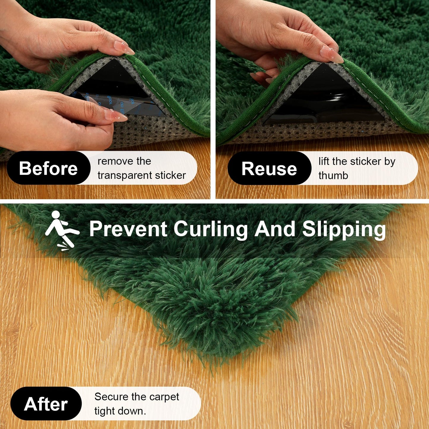 Ehayx Dark Green Rugs for Bedroom, 2x3 Fluffy Area Rugs for Living Room, Small Fuzzy Shag Soft Carpet with 4 Non-Slip Adhesive Strips for Kids Boys and Girls Nursery Dorm Home Decor (2ft X 3ft)