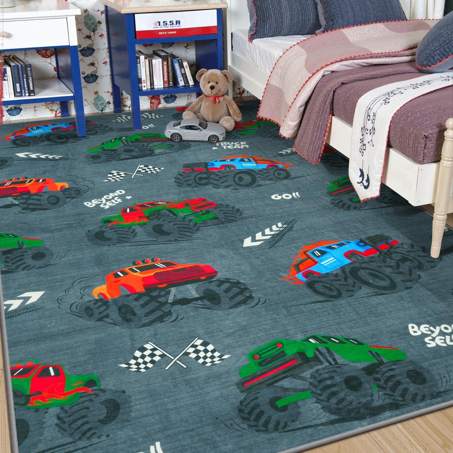 STARUIA 5x7 Washable Car Rugs for Boys Room, Large Cool Race Truck Kids Rug for Bedroom, Soft Boys Play Rug Construction Carpet for Kids Room Playroom Living Room（Grey