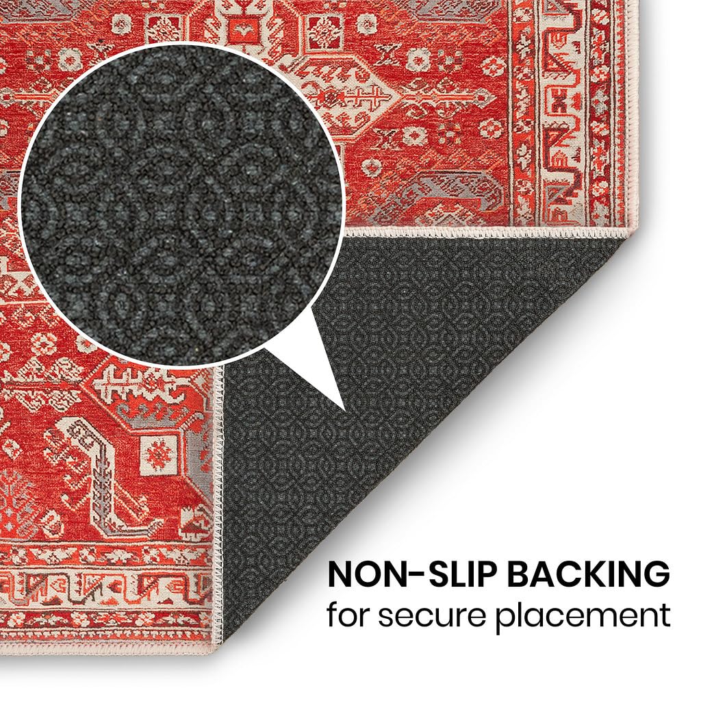 GLN Rugs Vintage - Knossos - Machine Washable Area Rug, Oriental Washable, Non Slip, Low Pile Chenille Area Rug, Living Room, Bedroom, Kitchen Rug - Easy Clean (5'x7' Red and Beige)