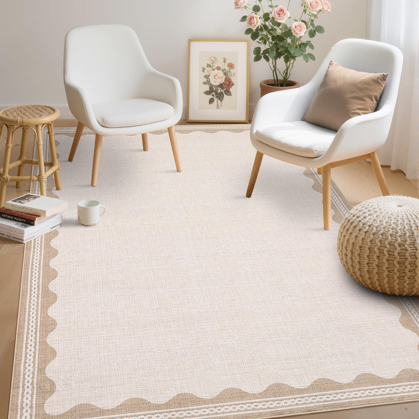 Garvee Entryway Rug 3x5 Washable Bordered Modern Rug Foldable Low Pile Stain-Resistant Carpet Ultra Soft Non Slip Lightweight Rugs Indoor Non-Shedding Mat for Kitchen Bedroom Nursery Entrance Beige