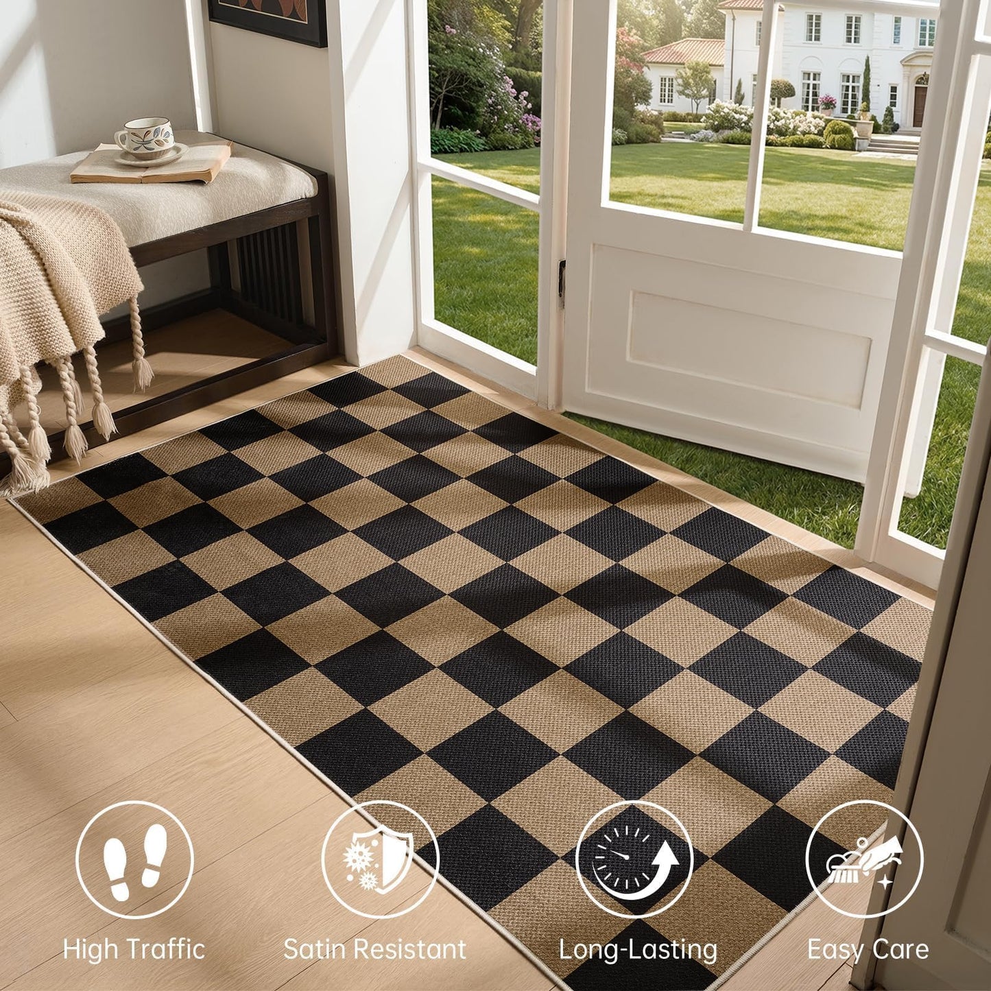 Sasttie Checkered Jute-Look Entryway Rug, 3x5 Washable Rug Front Door Mat, Non-Slip Neutral Farmhouse Throw Rugs for High Traffic Indoor & Outdoor, Natural/Black