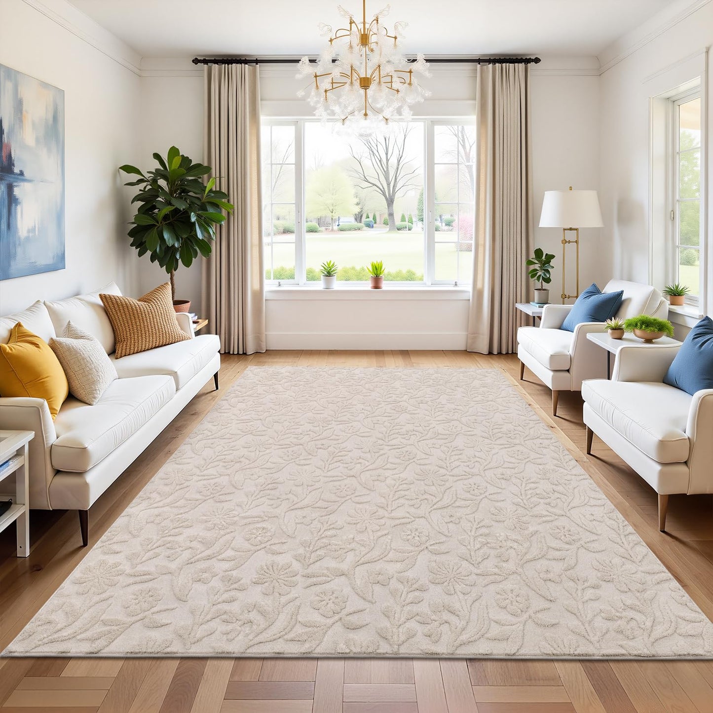 Vaukki 5x7 Area Rug for Living Room, Soft Fluffy Washable Modern Floral Indoor Floor Mat, Non Slip Shaggy Boho Accent Throw Carpet for Bedroom, Living Room, Nursery and Dining Room, Beige