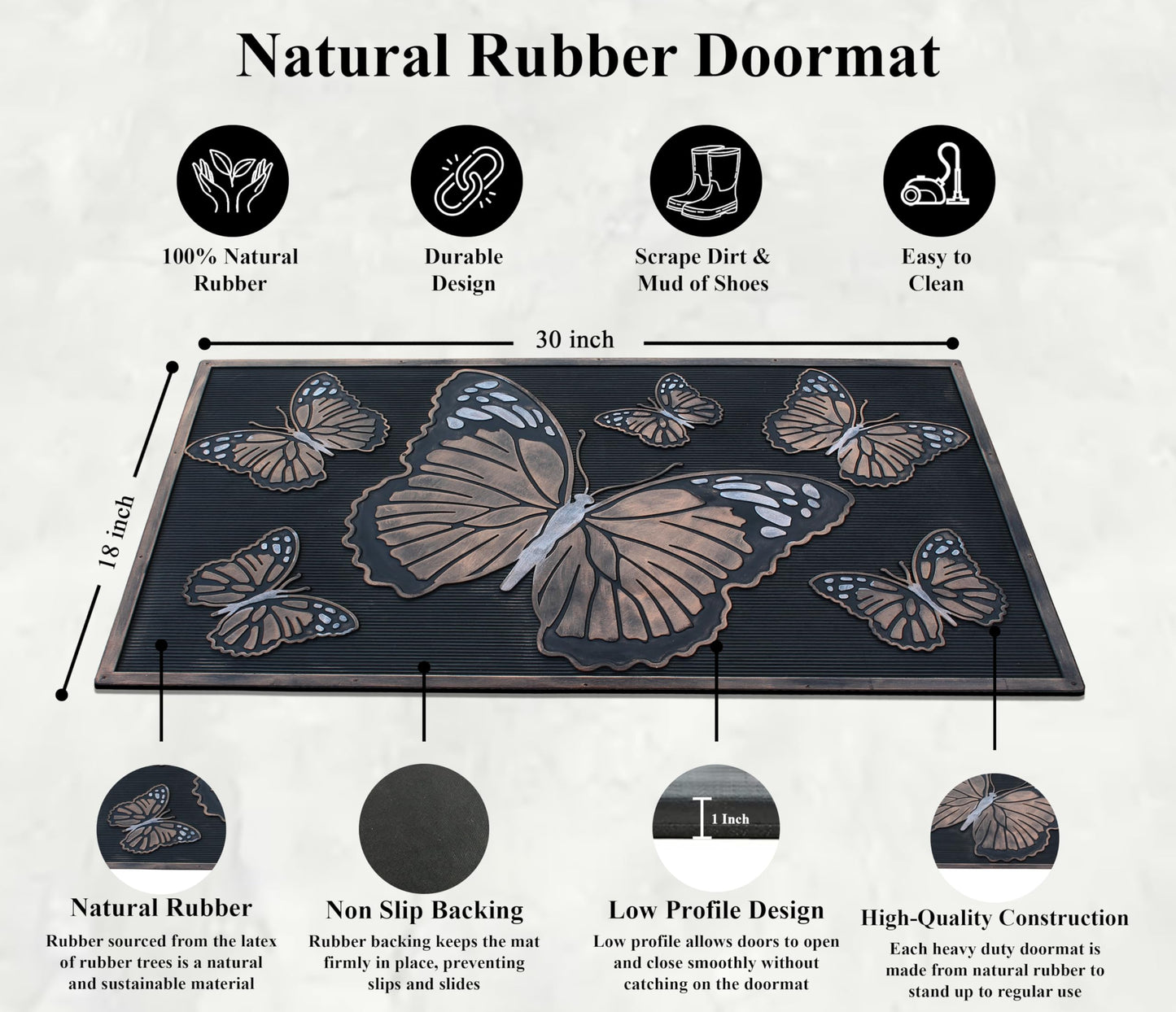 A1HC Rubber Welcome Doormat for Outdoor Entrance, Non-Slip Backing Front Door Mat for High Traffic Area Use, Fun Designed Entrymat, 18"x30" Butterflies Copper