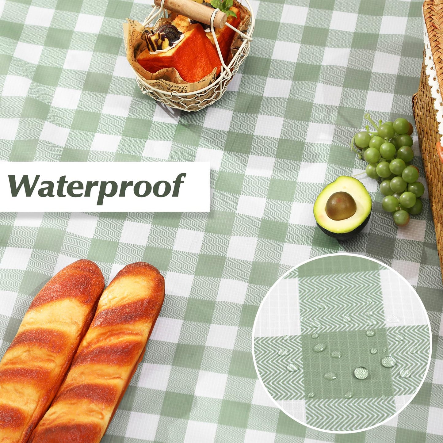 HunnmingRe Lightweight Green Gingham Pocket Picnic Blanket with Storage Bag 55 x 60inch Waterproof Cute Packable Sandproof Beach Mat Compact Washable Picnic Mat for Outdoor Hiking Camping Travel