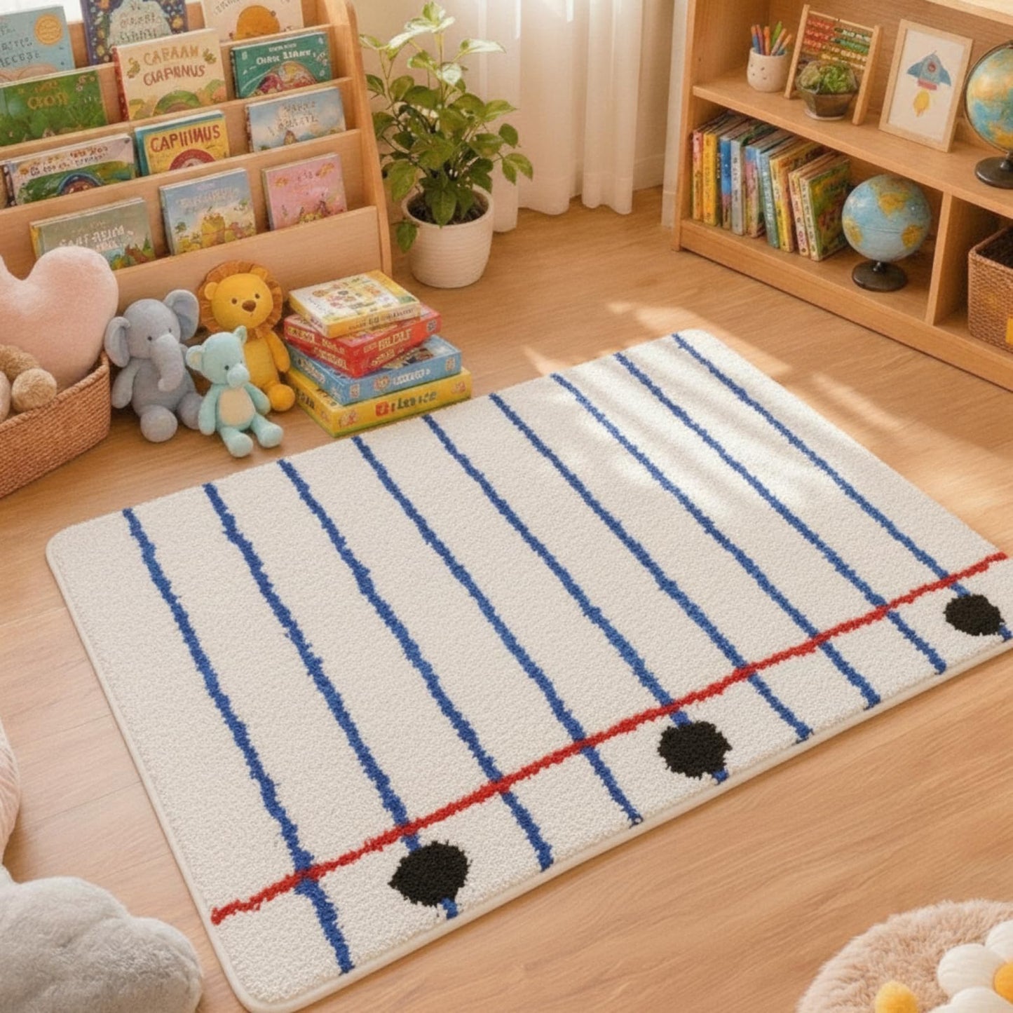 Tinideya 2.62 x 1.97 ft Lined Notebook Reading Corner Rug Paper Shaped Plush Non-Slip Mat for Back to Schoo Library Reading Nook Nursery Playroom Bedroom First Day of School Decor