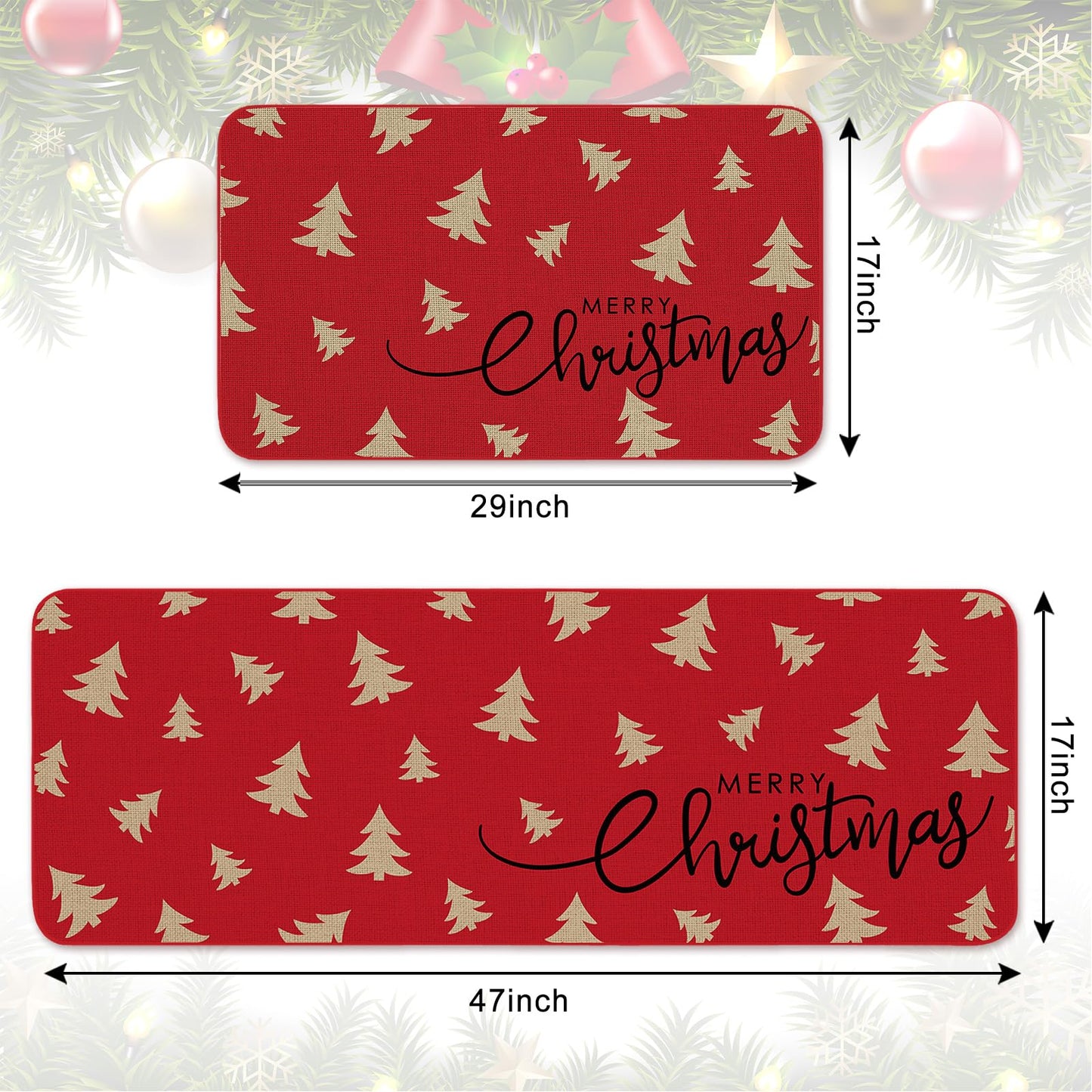 FYSUIMU Christmas Kitchen Rugs Set of 2 Merry Christmas Kitchen Mat Floor Mats Non-Slip Red Beige Xmas Tree Door Rugs for Xmas Winter Holiday Home Decor, 17 x 29 in, 17 x 47 in