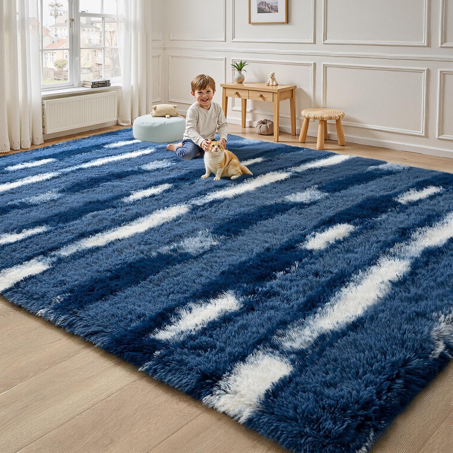 FALARK Shag Blue Striped Area Rug for Boys Room, 4x6 Feet Fluffy Soft Plush Rug for Kids Bedroom Decor, Indoor Non Slip Washable Carpet, Shaggy Carpets for Living Room, Playroom, Nursery