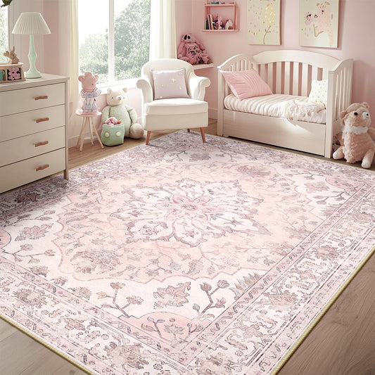 RELEANY Area Rugs 5'x7' Washable Non-Slip, Floral Vintage Distress Medallion Carpet for Living Room Bedroom Dining Room, Pink Greypink Cute