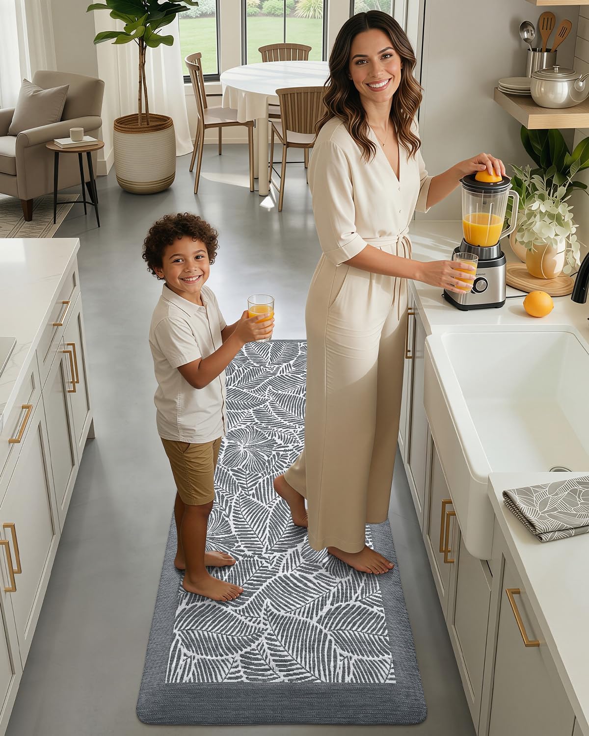 LUMI 0.9" Extra Thick Anti Fatigue Kitchen Floor Mat, High-Density Foam Standing Desk Mat, Tropical Fern Leaf Pattern, Waterproof Non-Slip Comfort Mat for Sink, Office, Laundry, 20"x48", Leaf Grey