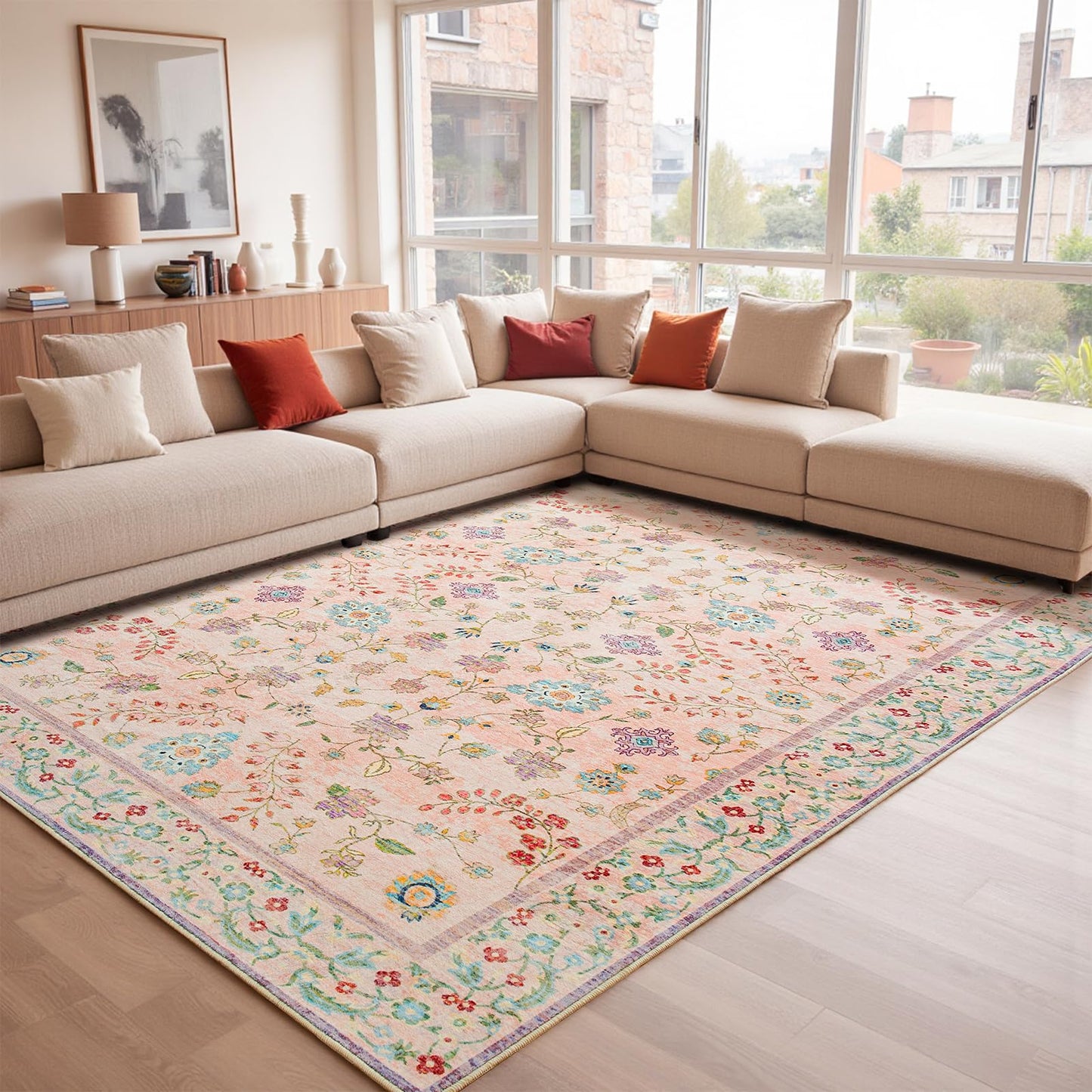 Goideal Pale Pink Rug for Girls Room, 4x6 Floral Washable Area Rug Non Slip, Boho Low Pile Carpet with Rubber Backing for Bedroom Living Room Bathroom Playroom Nursery Office