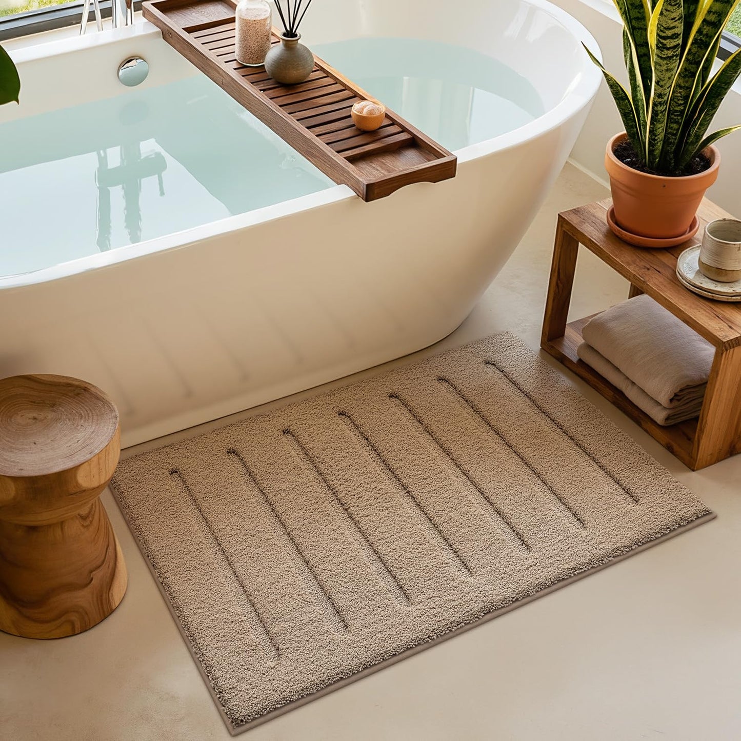 LUMI Non-Slip Skin-Friendly Bathroom Rugs, Hotel Quality Bath Mats for Bathroom, Washable Fluffy Shower Mat, Minimalist Luxury Striped Style,Ideal for Floor, Shower Tub, Entryway, 17"x30", Beige