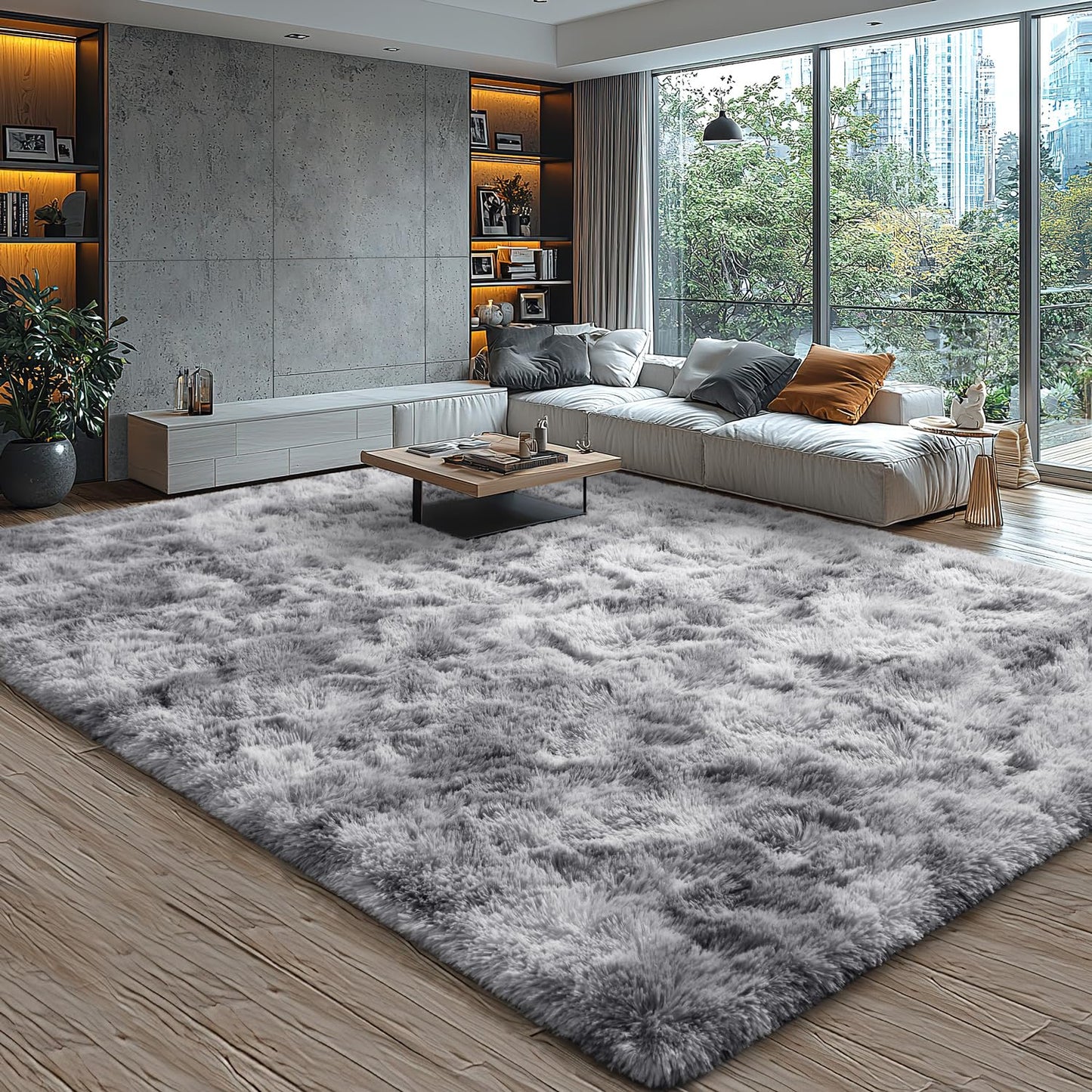 EVOIONOS Area Rug for Living Room Bedroom, Washable 6x9 Fluffy Shag Large Rug, Soft Plush Non Slip Carpet for Indoor Floor Bedside Nursery Kids Room, Dorm, Home Decor Aesthetic, ‌Tie-Dye Light Grey