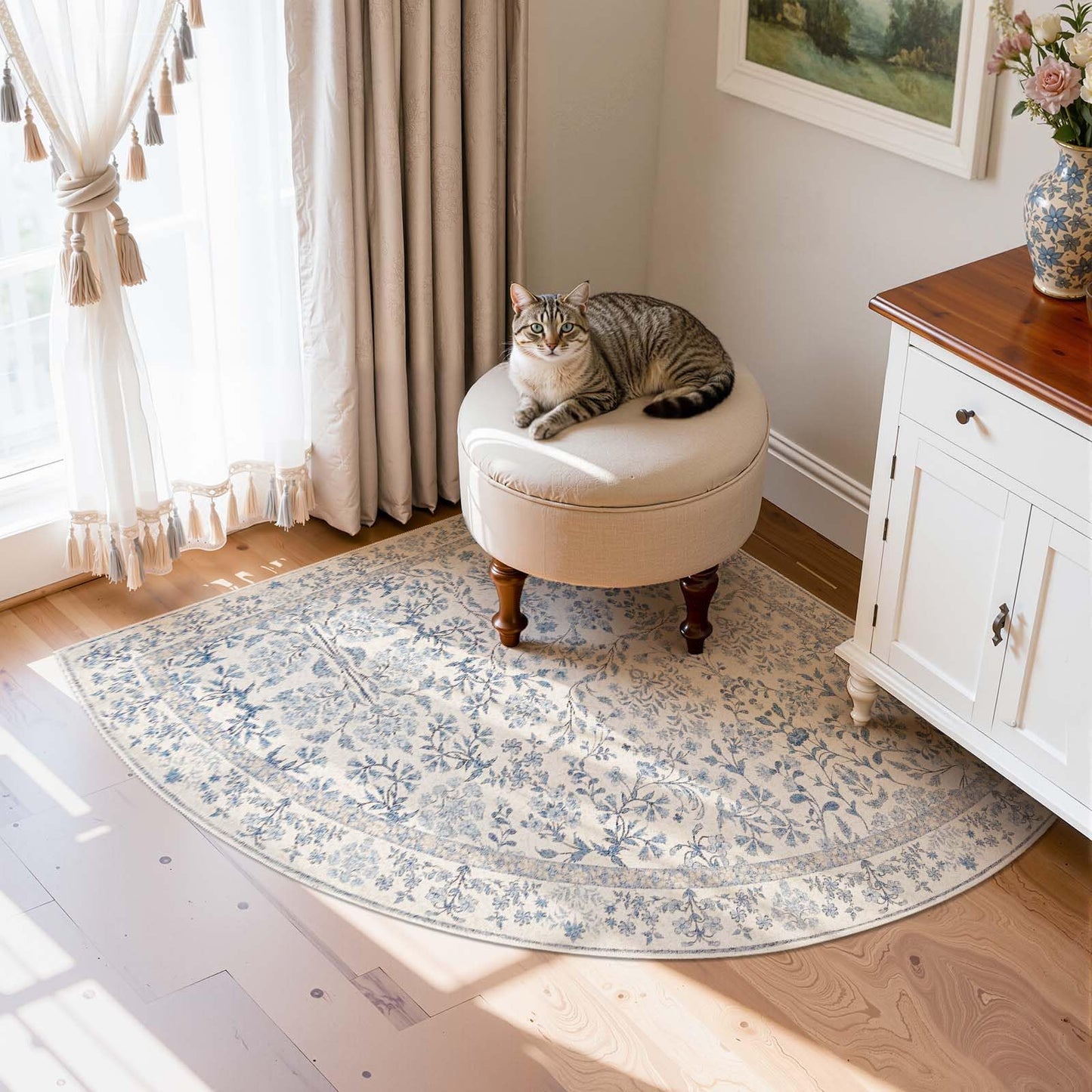 jinchan Zenith Corner Rug 4x4 Area Rug Floral Soft Aesthetic Non-Slip Low Pile Machine Washable Carpet for Entryway Bedroom Kids Room Kitchen College Dorm Blue/Cream