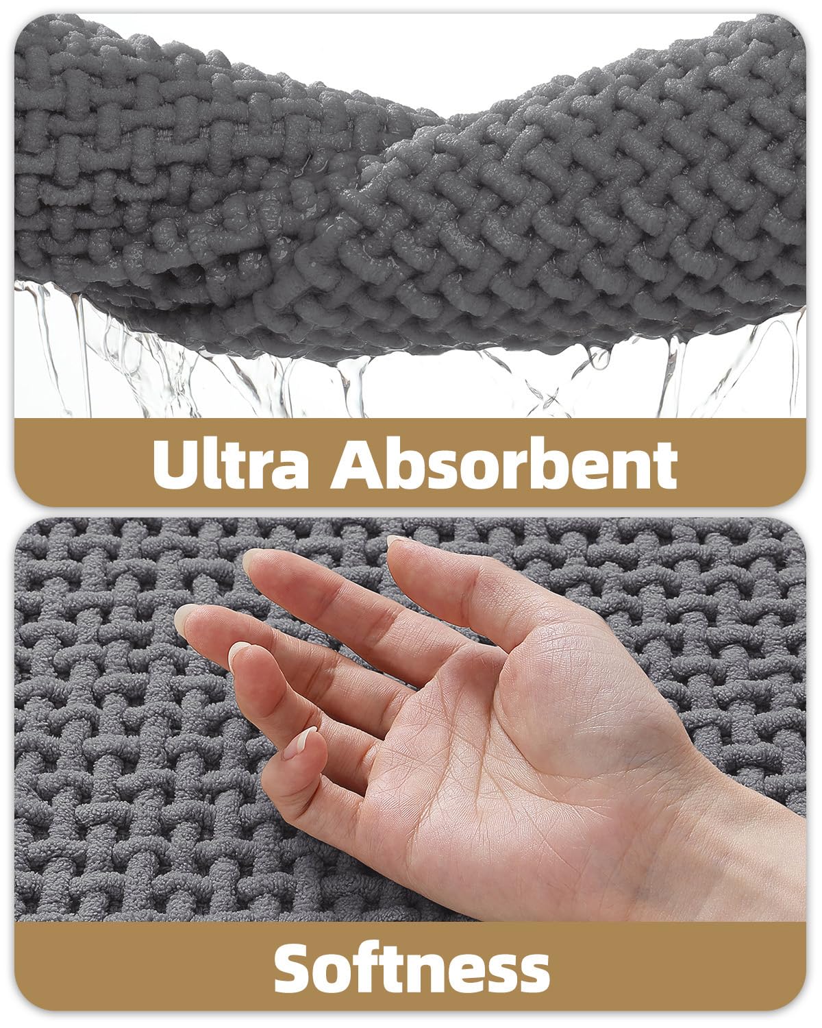Color&Geometry Rubber Backed Waffle Bath Mat 30x17, Non Slip Water Washable Bathroom Rugs, Soft Absorbent Chenille Boho Carpet for Bathroom Floor, Tub and Shower, Grey