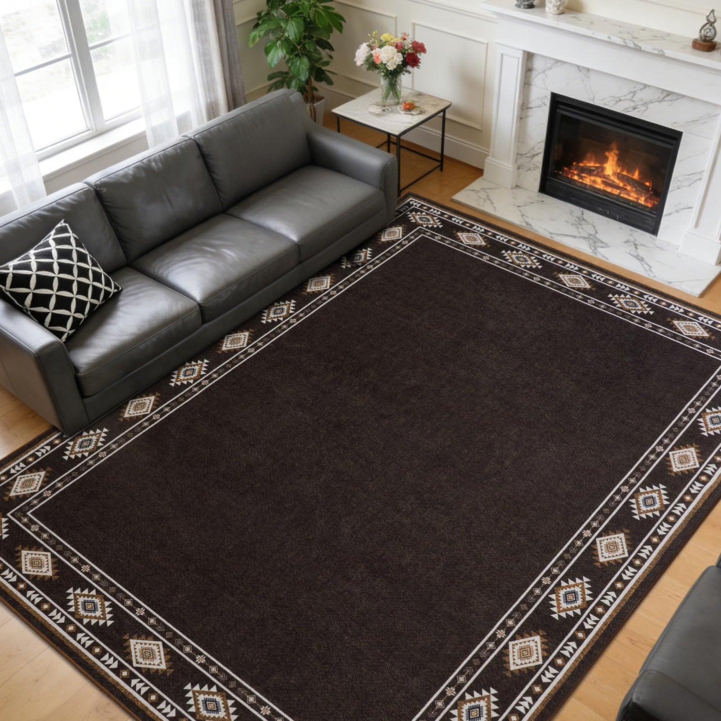 QDUIDU Large Area Rug for Bedroom Living Room, 5x7 Feet Ultra Soft Brown Rugs Washable Modern Geometric Bordered Non Slip Low Pile Carpets Home Decor