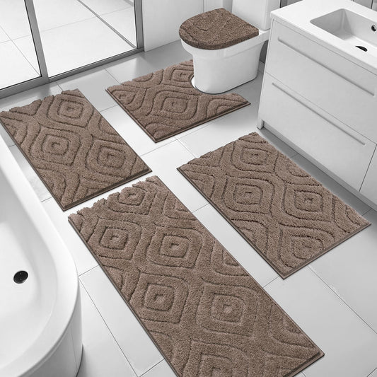 Ileading Bathroom Rugs Sets 5 Piece, Ultra Soft Absorbent Bath Mat for Bathroom, Non Slip Washable Bath Rug Set with Toilet Cover, Plush Bath Runner and U-Shaped Contour Toilet Rug, Coffee