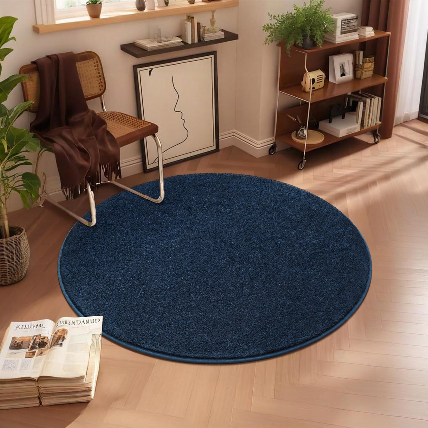 FALARK Navy Blue Round Area Rugs for Living Room Bedroom, 4x4 Feet Ultra Soft Memory Foam Modern Indoor Circle Carpet, Non-Slip Comfy Washable Circular Rug for Boys Girls Nursery Room Home Decor