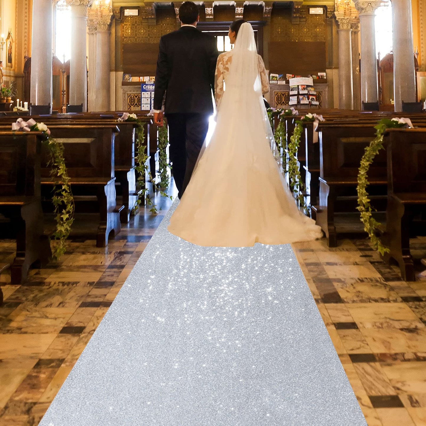 Shihanee Sequin Aisle Runner for Wedding Glitter Rug with Carpet Tape Sparkly Prom Outdoor Floor Birthday Carpet Runner for Ceremony Event Graduation Party(2 x 15 ft,Silver)