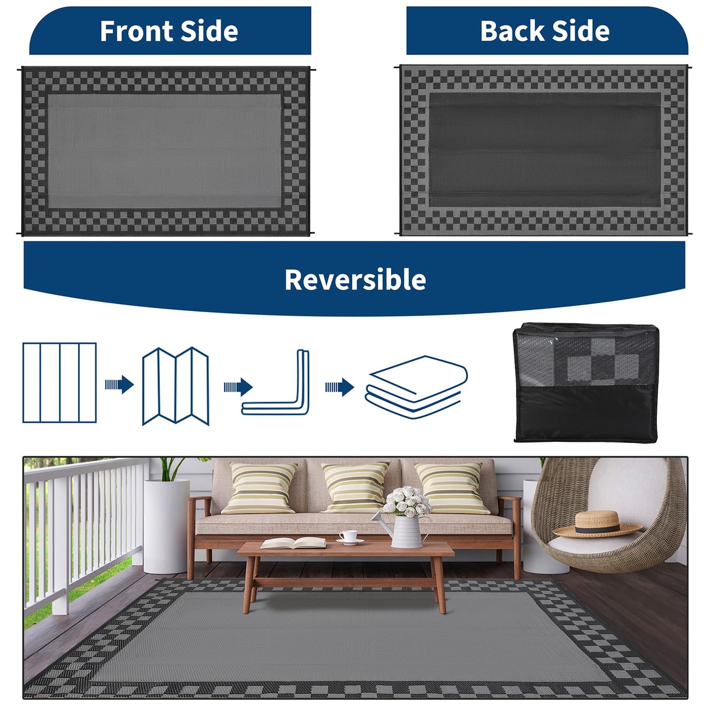 Checkered Outdoor Rug 8x10 Waterproof Modern Bordered Patio Rugs Plastic Straw Rug Large Indoor Outdoor Throw Carpets Reversible Mat for Picnic, Backyard, Rv, Beach, Deck, Camper, Balcony, Grey