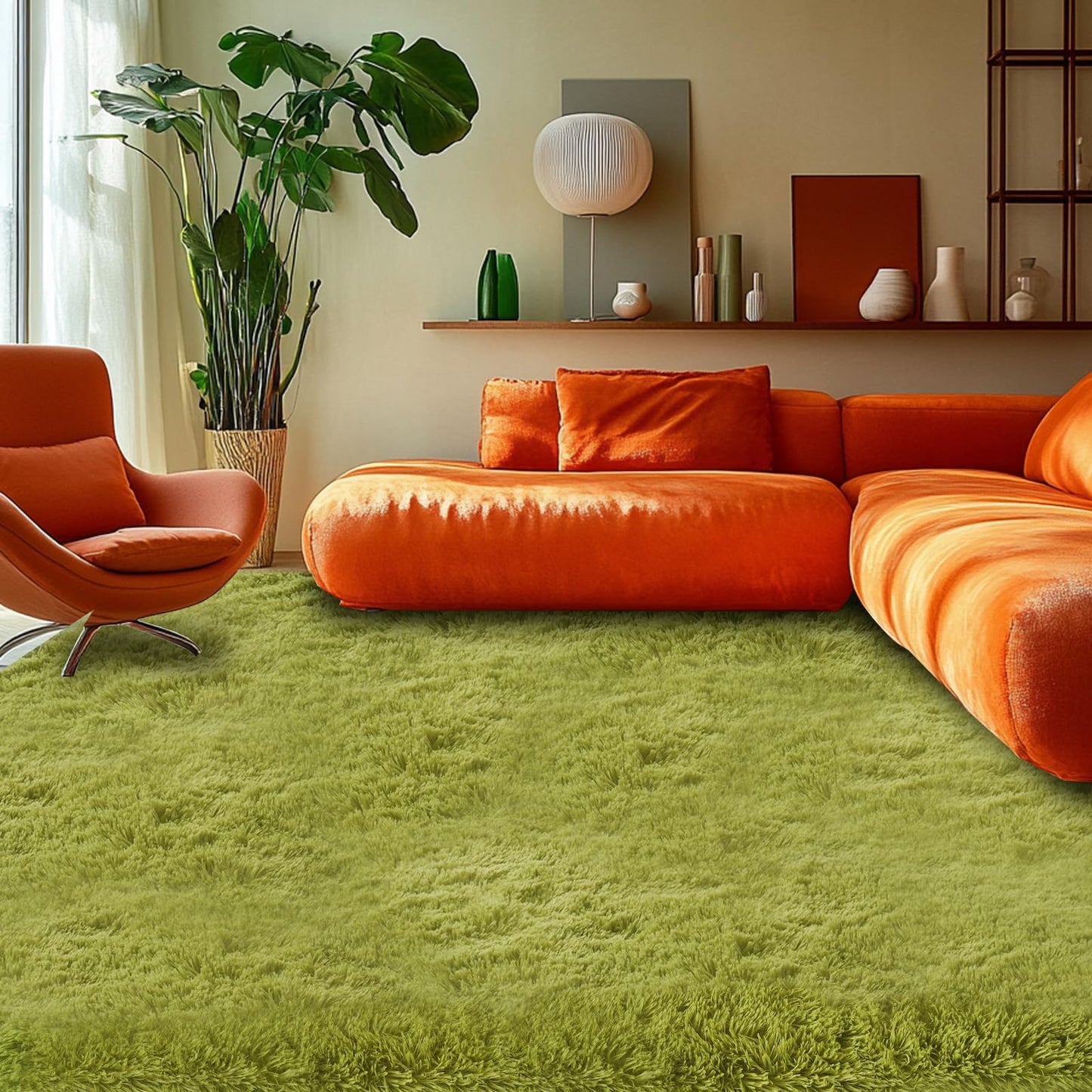 Area Rugs 6x9 Living Room: Green Fluffy Shag Carpet for Living Room-Fuzzy Furry Plush Soft Kids Girls Shaggy Bedside Indoor Floor Rug for Teen Dorm Home Decor Aesthetic (Lawn Green,6x9 Feet)