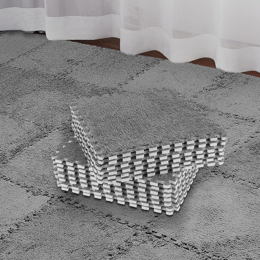 Flutesan 15 Pcs Winter Plush Puzzle Foam Floor Mat Interlocking Carpet Tiles Anti Slip Soft Warm Squares EVA Foam Crawling Rug for Play Floor Playroom Bedroom Nursery(Gray)