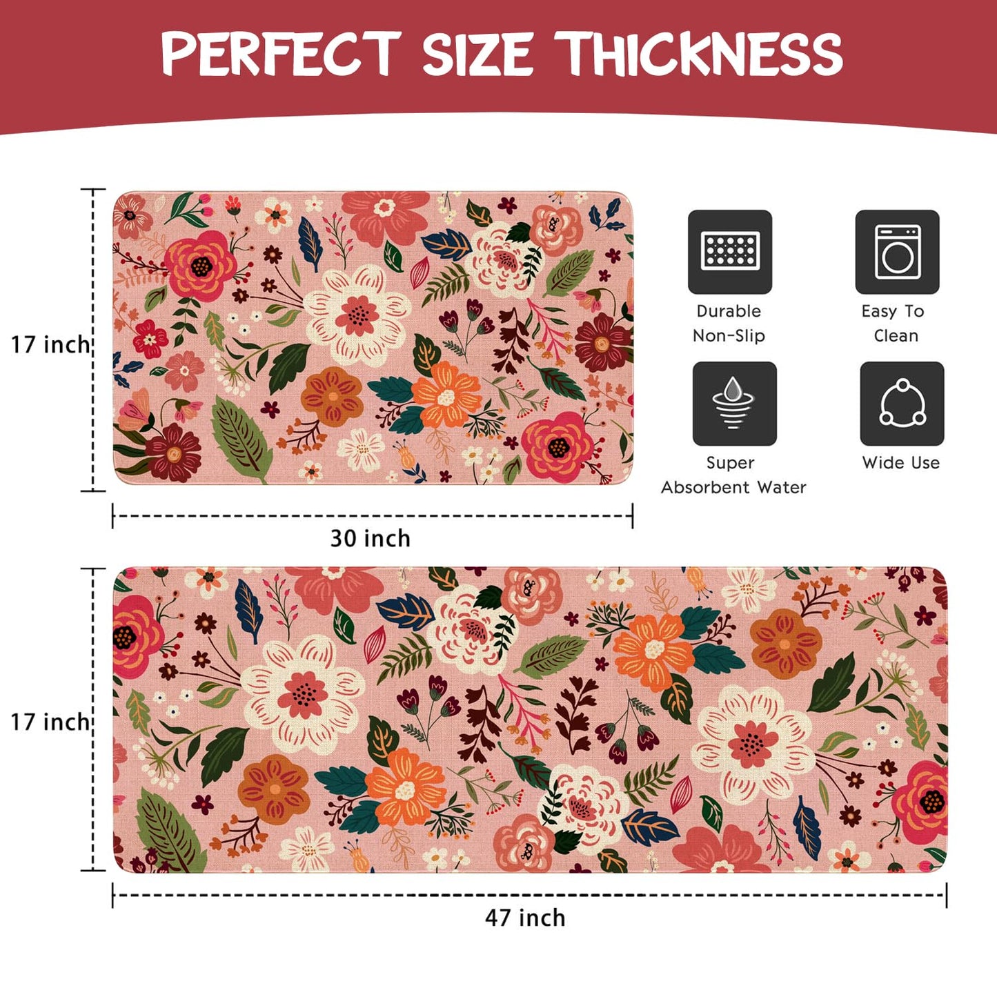 Xsinufn Boho Floral Kitchen Mat Set of 2,Modern Farmhouse Flowers Kitchen Rugs and Mats Non Skid Washable,Spring Summer Bohemian Kitchen Runner Rugs with Rubber Backing (Pink 17"x47"+17"x30")