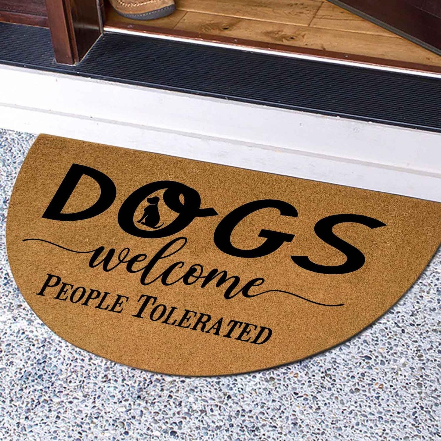 Funny Dog Half Round Doormat, Dogs Welcome People Tolerated Welcome Mat, 29.5"x17" Faux Coir Entryway Rug, Low Profile Non-Slip Outdoor Indoor Floor Carpet for Pet Lovers