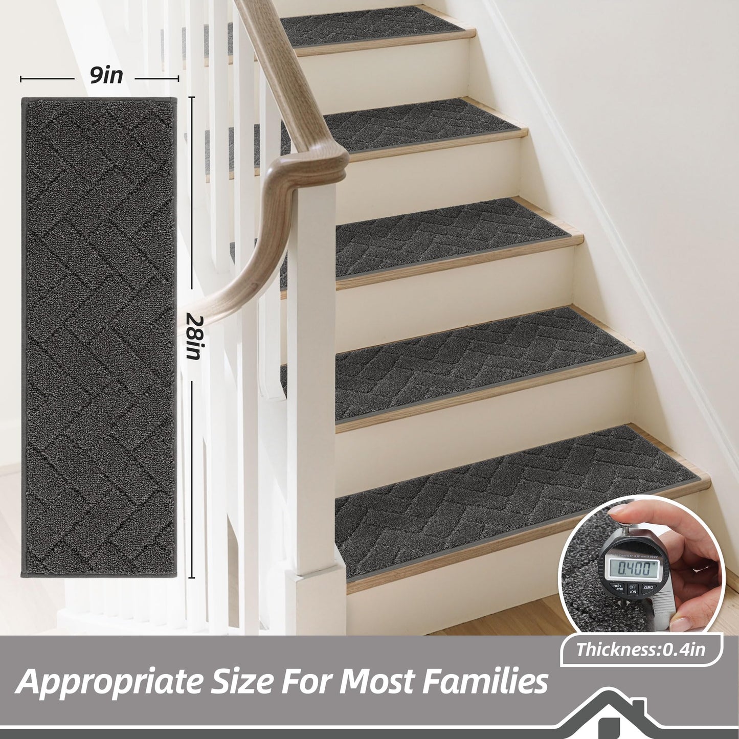 BEQHAUSE Edging Stair Treads for Wooden Steps 9" x 28", Non Slip Carpet Stair Treads Indoor Stair Runners, Soft Stair Rugs, Machine Washable, 100% Polyester, TPE Backing, 15pcs, Charcoal
