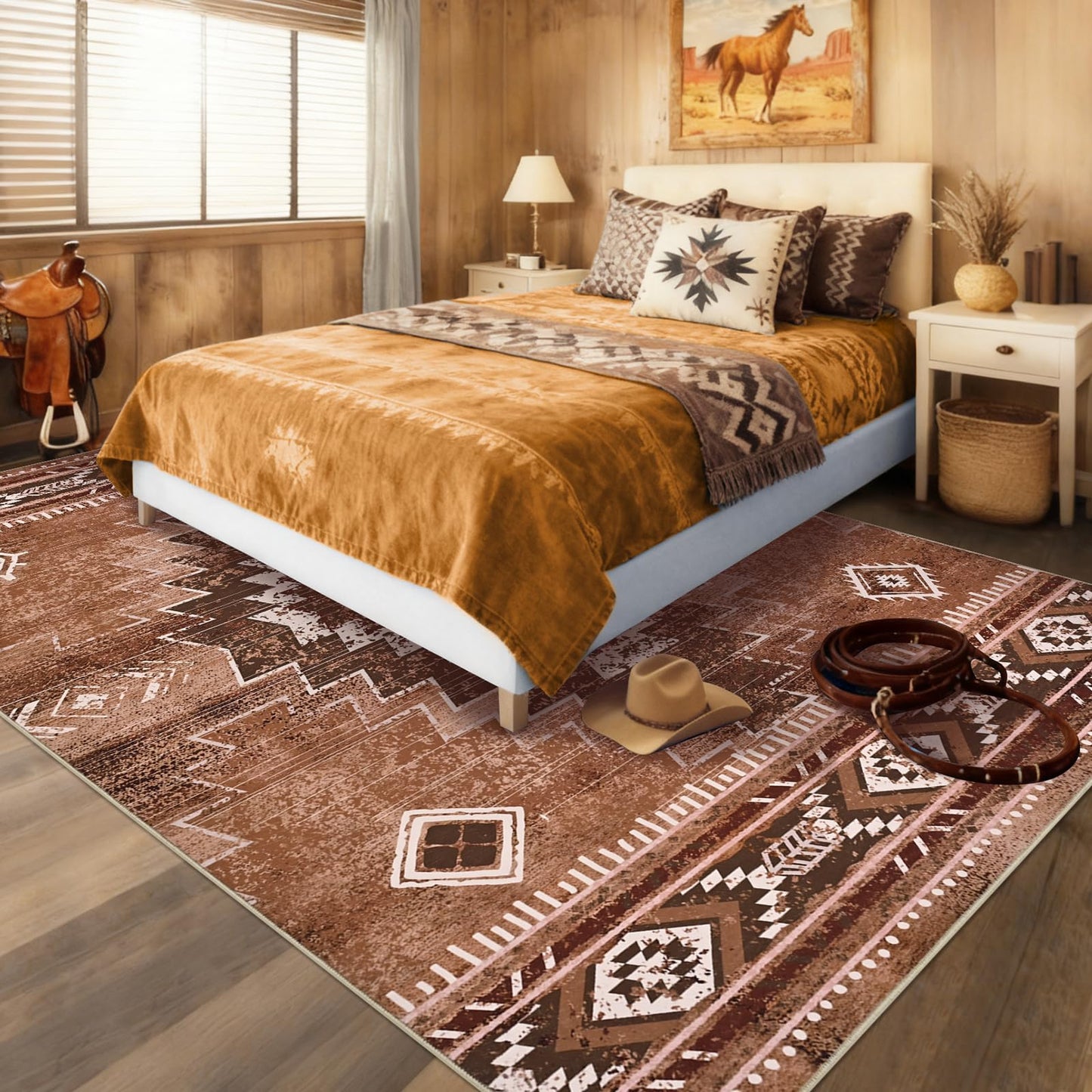 Yinhua Western Living Room Rug 5x7, Moroccan Low-Pile Washable Rug for Bedroom, Aztec Brown Rugs Non Slip with Rubber Backing, Soft Non-Shedding Carpet for Nursery Classroom Office