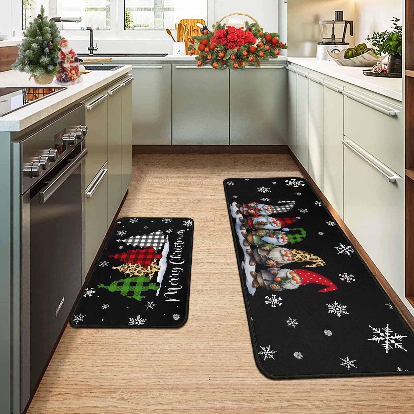 OUXIOAZ Buffalo Plaid Tree Gnomes Black Merry Christmas Kitchen Rugs Set of 2, Winter Holiday Party Low-Profile Floor Mat Decorations for Home Kitchen 17"x47"+17"x30"
