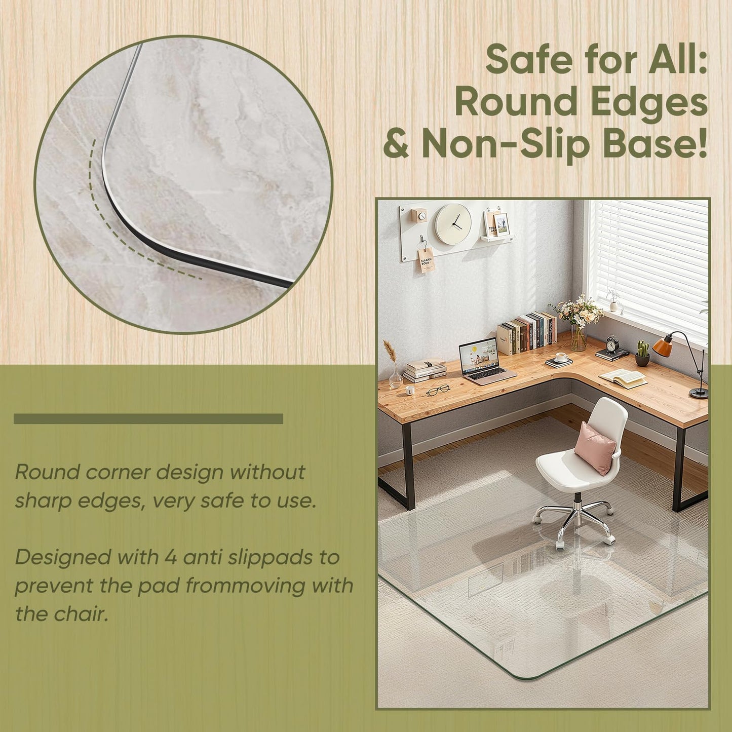 Furnbar 46" x 55" Office Chair Mat for Carpet, Tempered Glass Chair Mat with Rounded Corners and Polished Edges, Desk Floor Mat for Carpet, Hardwood Floor, Office