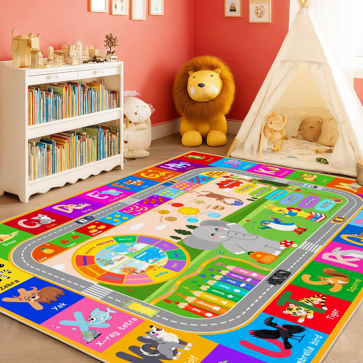 Pionblank Kids Rug for Bedroom Playroom Classroom Kindergarten, 3x4 Educational Area Rugs with ABC Alphabet Numbers Color Season Month for Toddler Nursery Girls Boys